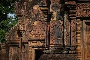 Closeup of the details of Banteay Srei the pink temple of ancient Khmer