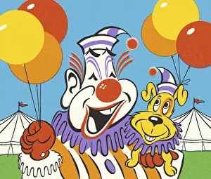 Clown with Circus Dog and Balloons Clown with Circus Dog and Balloons