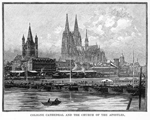 Cologne Cathedral and the Church of the Apostles, Engraving, 1892 Cologne Cathedral and the Church of the Apostles, Engraving, 1892