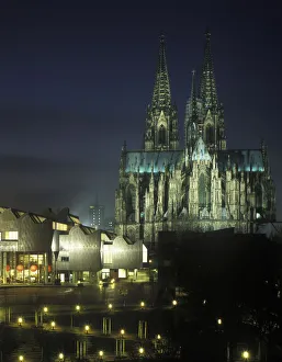 Cologne Cathedral and Philharmonie philharmonic hall at night, illuminated, Cologne Cologne Cathedral and Philharmonie philharmonic hall at night, illuminated, Cologne