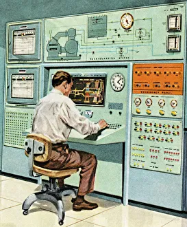Colored art of a man seated at an old fashioned computer Colored art of a man seated at an old fashioned computer