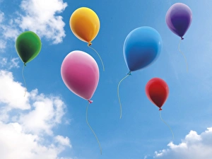 Colorful balloons against blue sky with clouds, illustration Colorful balloons against blue sky with clouds, illustration