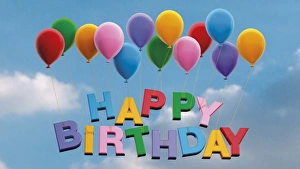 Colorful balloons with lettering Happy Birthday against blue sky with clouds, illustration Colorful balloons with lettering Happy Birthday against blue sky with clouds, illustration