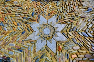 Colourful stone mosaic outside Girona Cathedral, Cathedral of Saint Mary of Girona, Girona, Catalonia, Spain Colourful stone mosaic outside Girona Cathedral, Cathedral of Saint Mary of Girona, Girona, Catalonia, Spain