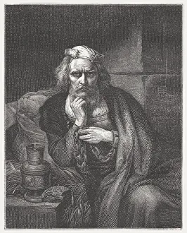 Columbus in chains, wood engraving, published c. 1882 Columbus in chains, wood engraving, published c. 1882