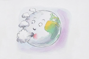 Comical depiction of Earth globe with face blowing clouds from mouth Comical depiction of Earth globe with face blowing clouds from mouth