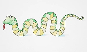 Comical depiction of smiling green and yellow snake, slithering with tongue sticking out, side view Comical depiction of smiling green and yellow snake, slithering with tongue sticking out, side view