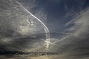 Contrails in the sky, Upper Swabia, Germany Contrails in the sky, Upper Swabia, Germany