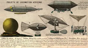 <b class=qtipBold><figcaption>Copper Balloon</figcaption></b><br>circa 1850: Early developments in aeronautic machinery including (A) Balloon Julien, (B) Balloon de M M Sanson and an early copper Balloon. (Photo by Hulton Archive/Getty Images) Copper Balloon
