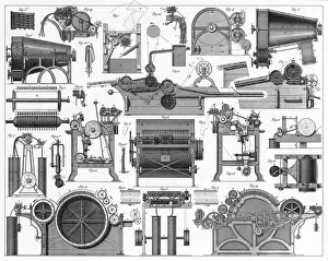 <b class=qtipBold><figcaption>Cotton Processing Equipment</figcaption></b><br>Engraved illustrations of Cotton Processing Equipment from Iconographic Encyclopedia of Science, Literature and Art, Published in 1851. Copyright has expired on this artwork. Digitally restored.<br><em>© Craig McCausland</em> Cotton Processing Equipment