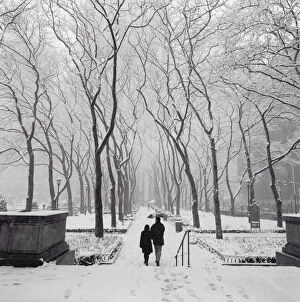 Images Dated 17th June 2004: Couple walking in snow-covered park, New York City