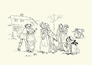 Couples kissing at the end of the traditional May day festival, Victorian 19th Century Couples kissing at the end of the traditional May day festival, Victorian 19th Century