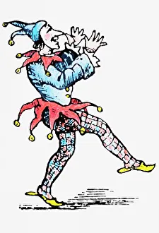 Collections/dorling kindersley prints/court jester dressed red blue wearing bells Collections/dorling kindersley prints/court jester dressed red blue wearing bells