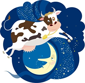 <b class=qtipBold><figcaption>The Cow jumped over Moon</figcaption></b><br>Depiction of a popular Nursery Rhyme 'Hey Diddle Diddle, the cat and the fiddle the Cow jumped over the Moon. The little boy laughed to see such sport and the fork ran away with the spoon' The Cow jumped over Moon