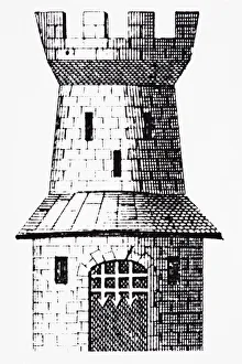 Crenelated castle tower with portcullis, line drawing Crenelated castle tower with portcullis, line drawing