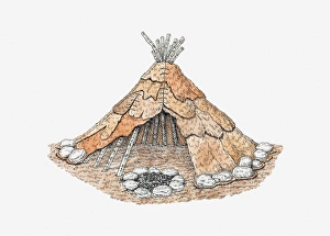 Cross section iIllustration of wigwam made from animal skin with fire inside Cross section iIllustration of wigwam made from animal skin with fire inside