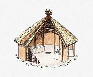 Cross section illustration of early wooden circular house with thatched roof, Banpo Cross section illustration of early wooden circular house with thatched roof, Banpo