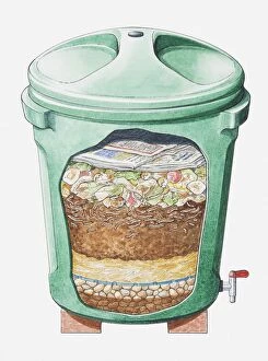 Responsibility Gallery: Cross section illustration of green plastic compost bin on bricks showing layers of stones, straw