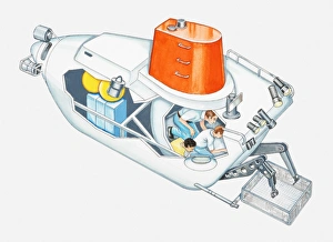 Cross section illustration of three men inside Alvin submersible Cross section illustration of three men inside Alvin submersible