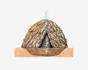 Images Dated 10th May 2011: Cross section illustration of oval house made from animal skins with fire below ground