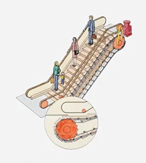 Cross section illustration of people on escalator and how it works Cross section illustration of people on escalator and how it works