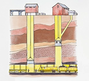 Cross section illustration of pit mine showing elevators moving up and down in mine shaft Cross section illustration of pit mine showing elevators moving up and down in mine shaft
