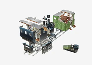 Cross section illustration of Rack Rail locomotive and passenger carriage, and inset Cross section illustration of Rack Rail locomotive and passenger carriage, and inset