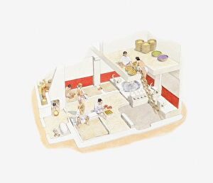 Cross section illustration of recreation of neolithic town from the excavations carried out at Catal Huyuk Cross section illustration of recreation of neolithic town from the excavations carried out at Catal Huyuk