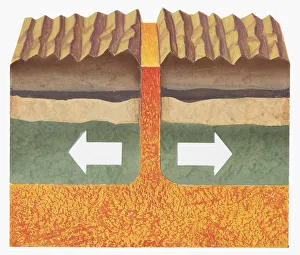 Cross section illustration showing the edges of two tectonic plates being pushed apart Cross section illustration showing the edges of two tectonic plates being pushed apart