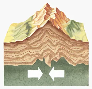 Colliding Gallery: Cross section illustration showing tectonic plates colliding and pushing up to form mountains