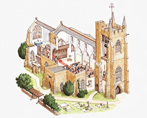 Cross section llustration of parish church showing bell tower and congregation Cross section llustration of parish church showing bell tower and congregation