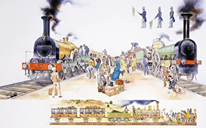 Crowded platform at Victorian railway station, with two locomotive steam trains either Crowded platform at Victorian railway station, with two locomotive steam trains either