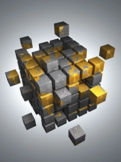 Cube with a map of America being put together from smaller cubes, 3D illustration Cube with a map of America being put together from smaller cubes, 3D illustration