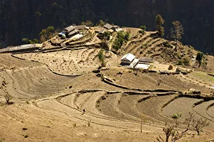 Cultivated landscape with a small village, rice fields layed out as terraces at the edge Cultivated landscape with a small village, rice fields layed out as terraces at the edge