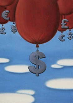 Currency Symbols Attached to Balloons, and a Dollar Symbol Rising Currency Symbols Attached to Balloons, and a Dollar Symbol Rising