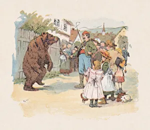 The dancing bear, color woodcut, published in 1897 The dancing bear, color woodcut, published in 1897