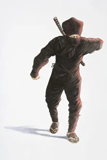 Dark-clad, masked Ninja warrior moving forward, weapon behind back Dark-clad, masked Ninja warrior moving forward, weapon behind back