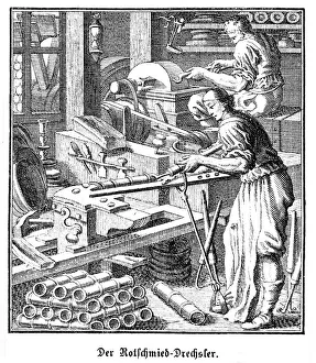 Der Rotschmieddrechsler, copperplate engraving, Regensburger Staendebuch, 1698, Christoph Der Rotschmieddrechsler, copperplate engraving, Regensburger Staendebuch, 1698, Christoph