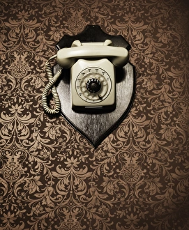 Desk telephone hanging as a trophy on a wall Desk telephone hanging as a trophy on a wall