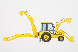 Diagram of backhoe loader depicting both the digging and loading positions of the front and back arms, side view Diagram of backhoe loader depicting both the digging and loading positions of the front and back arms, side view