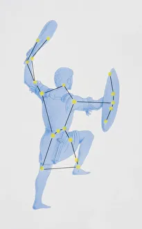A diagram illustrating the constellation of Orion complete with image of a hunter raising A diagram illustrating the constellation of Orion complete with image of a hunter raising