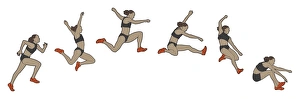 Different stages of athlete performing hitch-kick long jump Different stages of athlete performing hitch-kick long jump