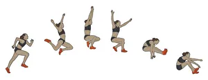 Different stages of athlete performing sail long jump Different stages of athlete performing sail long jump