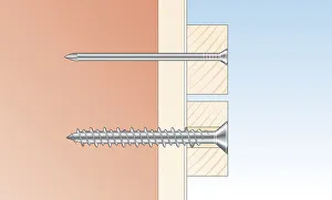 Digital cross section illustration of round head masonry nail and flat head screw inserted through timber and wall Digital cross section illustration of round head masonry nail and flat head screw inserted through timber and wall
