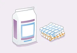 Digital illustration of bag containing powdered grout, and two folded rags Digital illustration of bag containing powdered grout, and two folded rags
