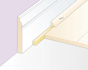 Digital Illustration of cork expansion strip, and quadrant moulding nailed to skirting Digital Illustration of cork expansion strip, and quadrant moulding nailed to skirting