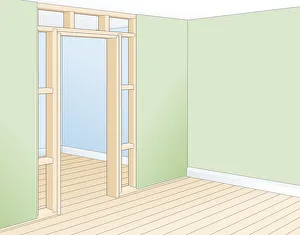 Digital illustration of doorframe showing trimmer, noggin, lining, and position of shortened studs Digital illustration of doorframe showing trimmer, noggin, lining, and position of shortened studs