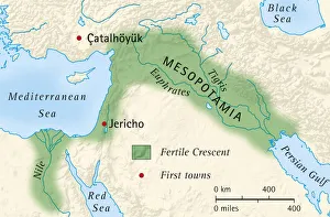 Digital illustration of the fertile crescent of Mesopotamia and Egypt and location of first towns Digital illustration of the fertile crescent of Mesopotamia and Egypt and location of first towns