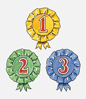 Digital illustration of first, second and third place rosettes Digital illustration of first, second and third place rosettes