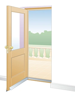 Digital illustration of open door showing draughtproofing foam strip surrounding frame Digital illustration of open door showing draughtproofing foam strip surrounding frame